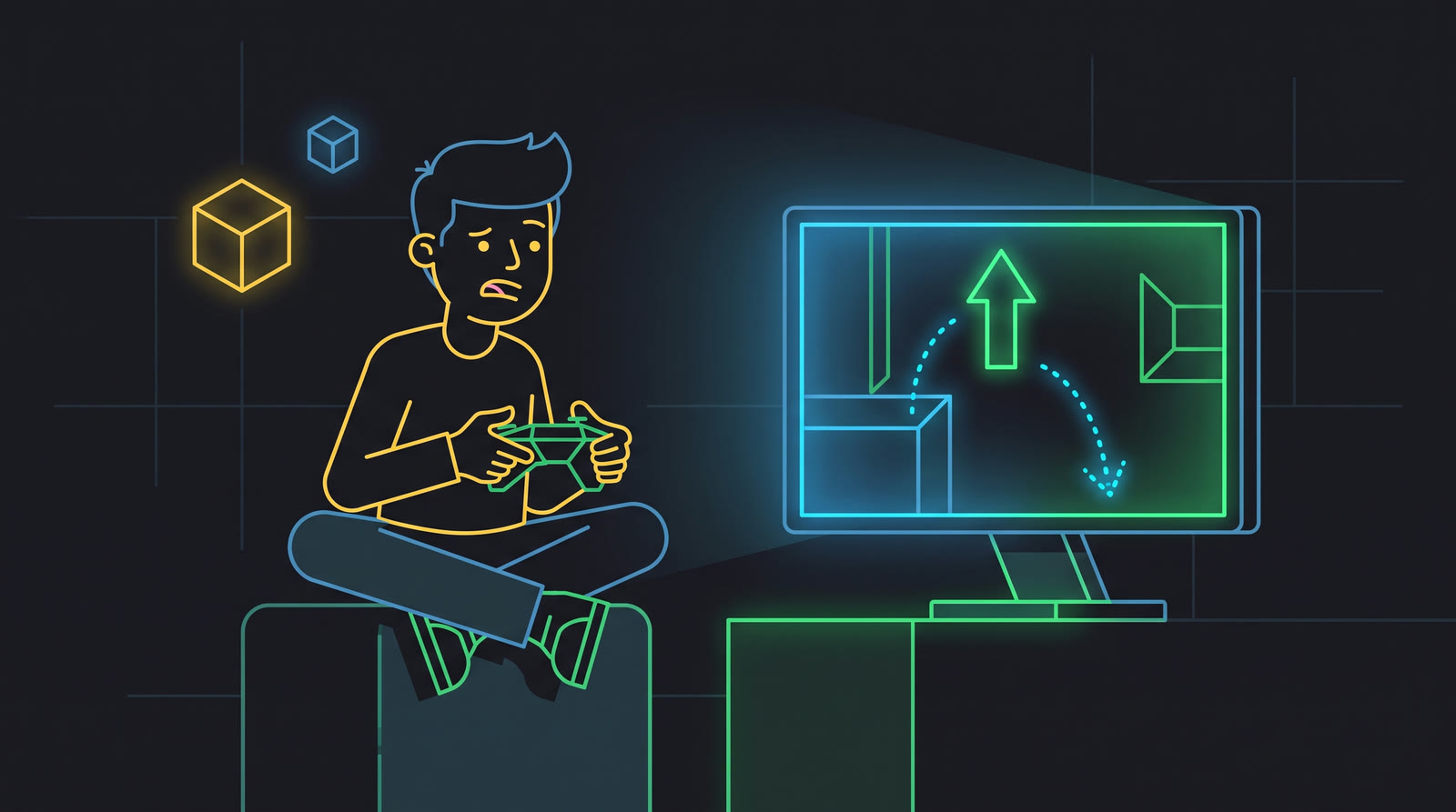 Persona jugando con el control, confundida porque en la pantalla la flecha hacia arriba termina apuntando hacia abajo